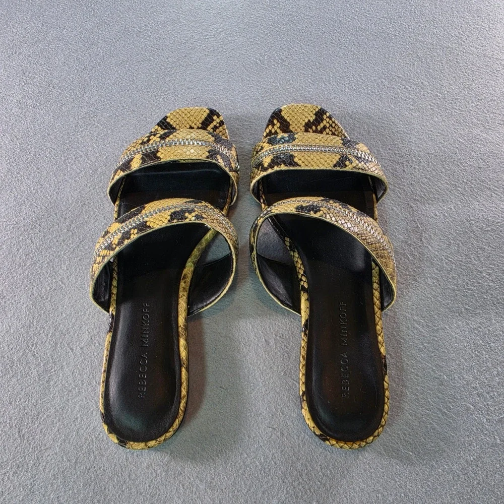 Rebecca Minkoff Snakeskin Embossed Leather Zipper Trim Slide Sandals Yellow 8.5M